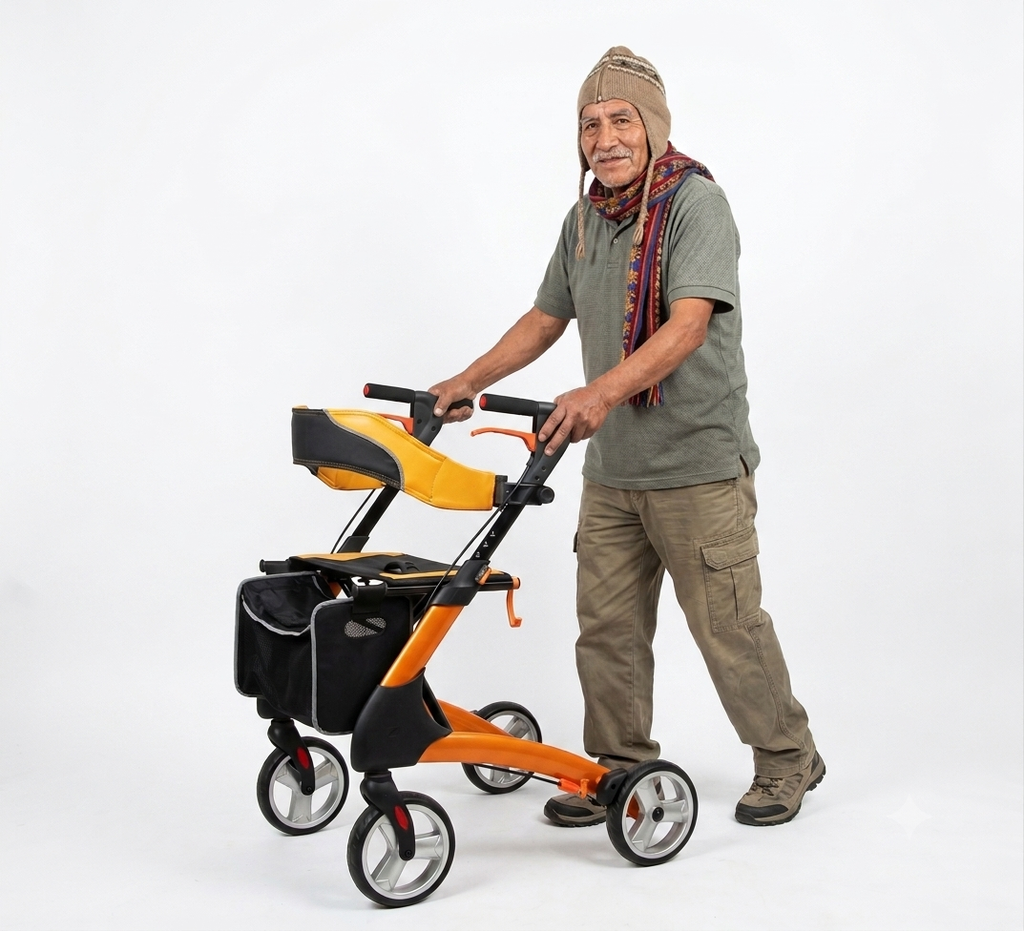 ANDADOR ALEMÁN PREMIUM NARANJA CON ASIENTO Y RUEDAS