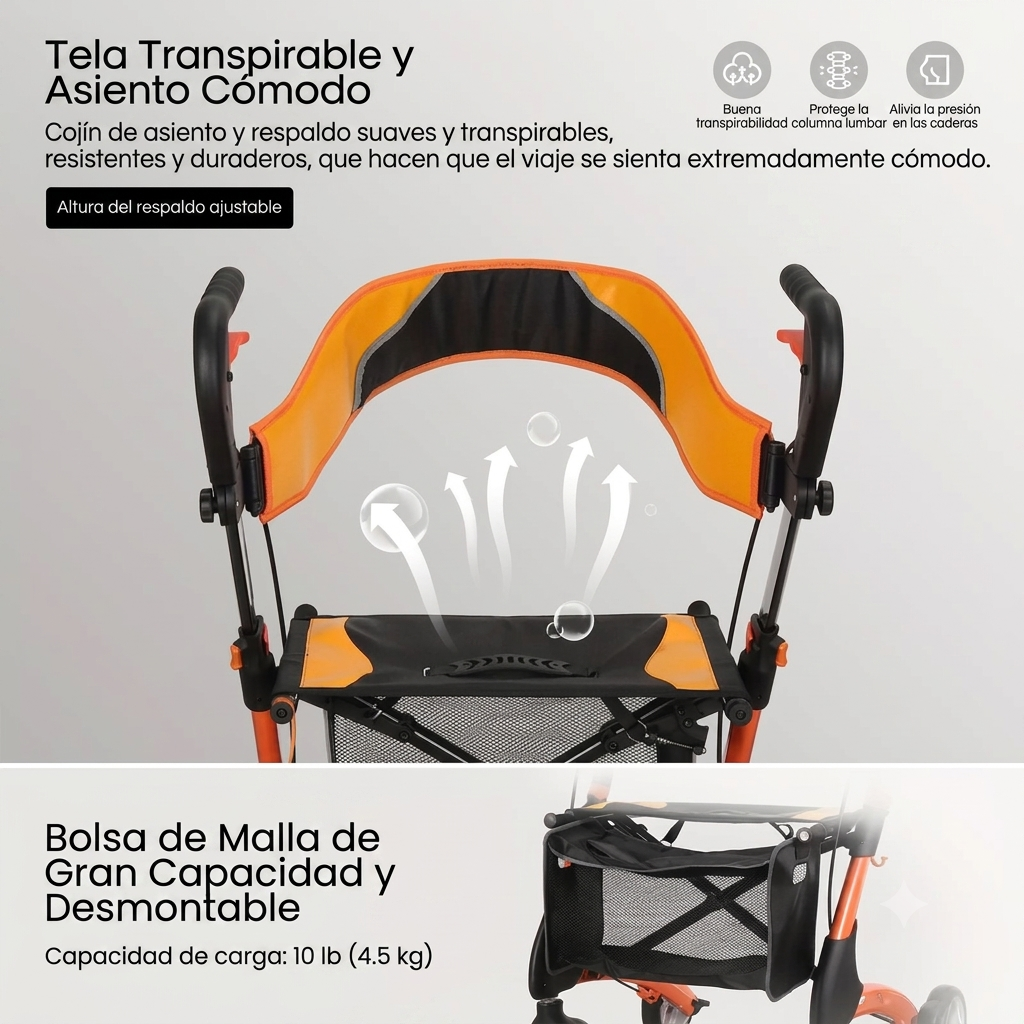ANDADOR ALEMÁN PREMIUM NARANJA CON ASIENTO Y RUEDAS
