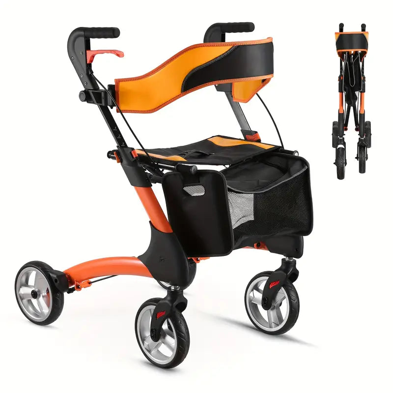 ANDADOR ALEMÁN PREMIUM NARANJA CON ASIENTO Y RUEDAS